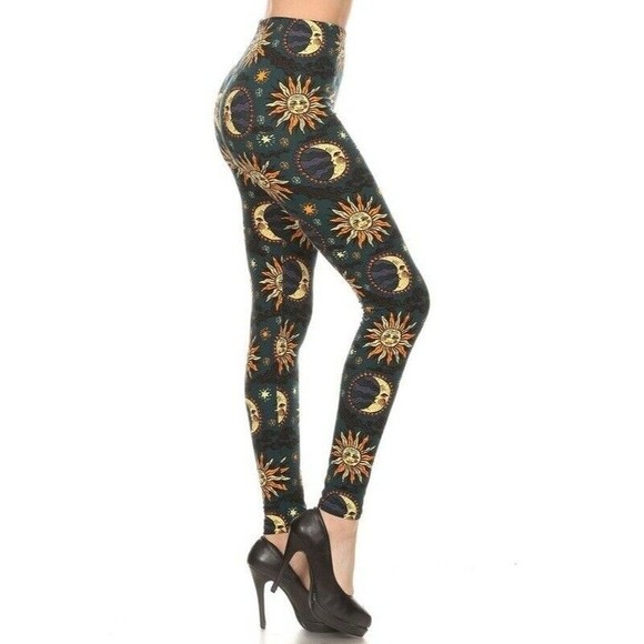 Plus Size Womens Sun & Moon Printed High Waisted Leggings With Elastic Waist - Picture 4 of 5